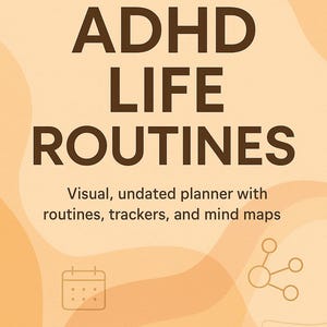 Puede incluir: Portada de libro con fondo naranja claro y texto marrón. El título es "ADHD LIFE ROUTINES" con el subtítulo "Planificador visual, sin fecha, con rutinas, rastreadores y mapas mentales". La autora es Alexandra Aioni.