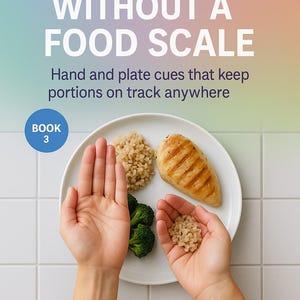 May include: Book cover titled "Lose Weight Without a Food Scale" with text about hand and plate cues. The image shows a plate with food and hands, including rice, broccoli, and grilled chicken. The author's name is Alexandra Aioni.