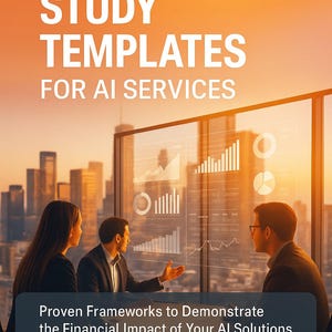 Op de afbeelding: Afbeelding van een boekomslag met de titel "16 ROI Case Study Templates for AI Services". De omslag toont een zakelijke setting met drie mensen en datavisualisaties. De naam van de auteur, Florin Daniel, staat onderaan.