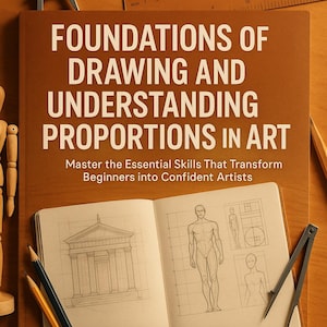 May include: A book titled "FOUNDATIONS OF DRAWING AND UNDERSTANDING PROPORTIONS IN ART" with an open sketchbook showing figure and architectural drawings. Pencils, a ruler, and a compass are on a wooden surface. The book's author is Florin Daniel.