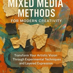 May include: Book cover for "Collage and Mixed Media Methods" with the subtitle "For Modern Creativity." The design includes torn paper and a transparent sheet over an abstract background. Author: Florin Daniel.