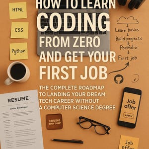 以下が含まれることがあります： コーディングに関連するラップトップ、ヘッドフォン、その他のアイテムの画像です。「How to Learn Coding From Zero and Get Your First Job」というテキストがあります。履歴書、求人オファーのある電話、メガネも表示されています。