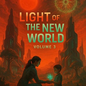 May include: Book cover art for "Light of the New World, Volume 3." The image features a woman and child in a futuristic setting with a glowing plant. The background is a fiery orange with text that reads "When Earth Falls Silent" and the author's name, Florin Daniel.