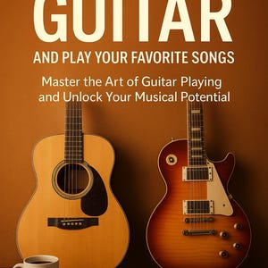 May include: A book cover titled "HOW TO LEARN GUITAR" with two guitars, one acoustic and one electric. The book also has the text "AND PLAY YOUR FAVORITE SONGS" and "Master the Art of Guitar Playing and Unlock Your Musical Potential". A coffee mug and a book of sheet music are also present.
