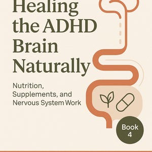 Può includere: Copertina del libro "Guarire il cervello ADHD naturalmente" con informazioni su nutrizione, integratori e sistema nervoso. Illustrazione di un cervello arancione e un cerchio verde con "Book 4". Autore: Alexandra Aioni.