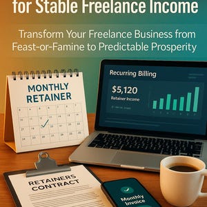 May include: Image of a desk setup with a laptop displaying a recurring billing screen, a calendar marked "Monthly Retainer", a contract, and a smartphone showing a paid invoice. A coffee cup sits nearby. The text reads "14 Retainer Models for Stable Freelance Income".