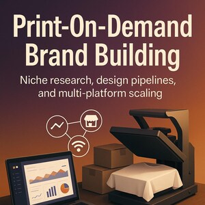 May include: An image depicting print-on-demand processes. It shows a laptop with graphs, a heat press with a white t-shirt, and a colour palette. The text reads "Print-On-Demand Brand Building" and "Florin Daniel".
