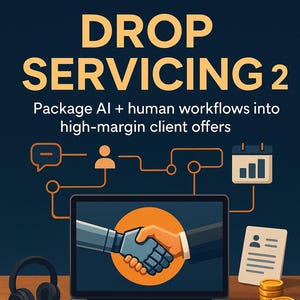 Op de afbeelding: Boekomslag van "DROP SERVICING 2" met de tekst: "Package AI + human workflows into high-margin client offers." De afbeelding toont een laptop, koptelefoon, munten en een handdrukgrafiek. Auteur: FLORIN DANIEL.