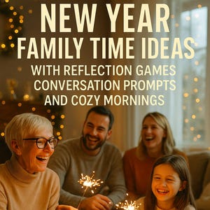 May include: A book cover with the title "NEW YEAR FAMILY TIME IDEAS" and the subtitle "WITH REFLECTION GAMES CONVERSATION PROMPTS AND COZY MORNINGS". The image shows a family laughing and playing a board game with sparklers.