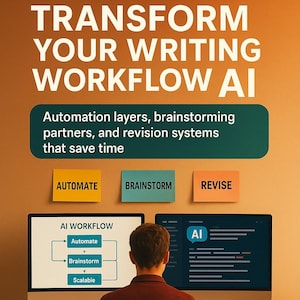 Peut inclure: Image d'une personne assise à un bureau avec deux écrans d'ordinateur. Les écrans affichent du texte et des schémas liés à l'IA et aux flux de travail d'écriture. L'image comprend le texte "TRANSFORM YOUR WRITING WORKFLOW AI" et "FLORIN DANIEL".