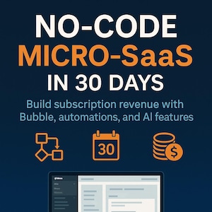Może przedstawiać: Okładka książki z tytułem "NO-CODE MICRO-SaaS IN 30 DAYS" w białym i pomarańczowym tekście. Okładka zawiera ikony schematu blokowego, kalendarza i monet. Laptop wyświetla interfejs strony internetowej. Autor: Florin Daniel.