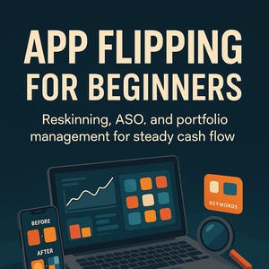 Pode incluir: Capa do livro intitulada "APP FLIPPING FOR BEGINNERS" com texto sobre reskinning, ASO e gestão de carteira. A imagem inclui um laptop, smartphones, uma lupa, moedas e um calendário. Autor: Florin Daniel.