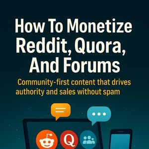 May include: Book cover titled "How To Monetize Reddit, Quora, And Forums" with a dark blue background. A laptop displays Reddit, Quora, and forum icons. A smartphone is to the right. The author's name, Florin Daniel, is at the bottom.
