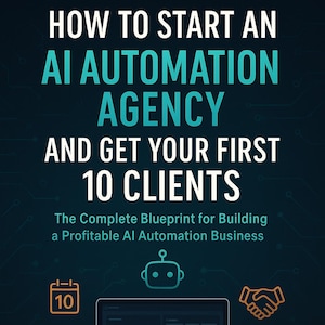Può includere: Copertina del libro intitolata "How to Start an AI Automation Agency and Get Your First 10 Clients". L'immagine presenta un laptop che mostra dati, icone e il nome dell'autore, Florin Daniel, su uno sfondo blu scuro.