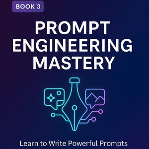 May include: Book cover with a gradient blue background. The title "PROMPT ENGINEERING MASTERY" is in large white text. Below, it reads "Learn to Write Powerful Prompts for ChatGPT, MidJourney, and Claude" and the author's name.