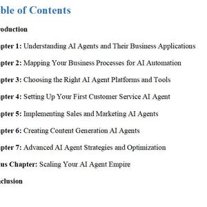 May include: A document page with the title "Table of Contents" in a blue font. The content lists chapters on AI agents, including topics like business applications, automation, platforms, customer service, sales, marketing, content generation, and optimization.