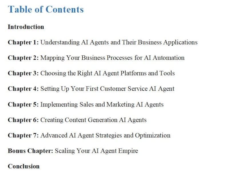 May include: A document page with the title "Table of Contents" in a blue font. The content lists chapters on AI agents, including topics like business applications, automation, platforms, customer service, sales, marketing, content generation, and optimization.