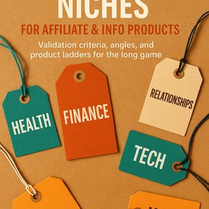 May include: Book cover with the title "25 Evergreen Niches" and the subtitle "For Affiliate & Info Products." Tags with the words "Health," "Finance," "Relationships," "Tech," and "Home" are displayed. The author's name is Florin Daniel.