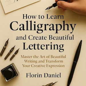 May include: A book cover titled "How to Learn Calligraphy and Create Beautiful Lettering" with calligraphy pens, ink, and a sample of the alphabet. The book is by Florin Daniel. The image shows the tools and techniques for calligraphy.
