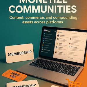Puede incluir: Imagen de un portátil que muestra las interfaces de Discord y Stack, con el título "22 Ways to Monetize Communities". También hay letreros de "Membership", un boleto "Admit One", un icono de "Media Kit" y un icono de carrito de compras.