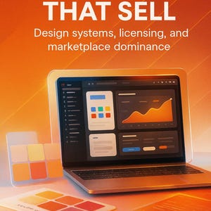 May include: A laptop displays a UI design interface with charts and color swatches. The image features the text "FIGMA UI KITS THAT SELL" and "Design systems, licensing, and marketplace dominance". The author's name, "florin daniel", is also visible.