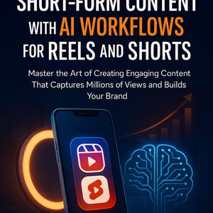 Op de afbeelding: Boekomslag met de titel "HOW TO CREATE VIRAL SHORT-FORM CONTENT WITH AI WORKFLOWS FOR REELS AND SHORTS". De afbeelding toont een smartphone met social media app-iconen, een gloeiende ring en een hersengrafiek.