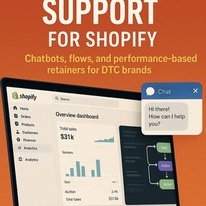 Puede incluir: Portada del libro titulada "AI Customer Support for Shopify" con texto sobre chatbots y marcas DTC. Un portátil muestra un panel de control de Shopify y una burbuja de chat con un saludo. El nombre del autor, Florin Daniel, está en la parte inferior.