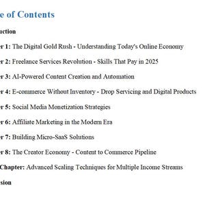 May include: A document titled "Table of Contents" with a blue header. The content lists chapters on online economy, freelance services, AI content creation, e-commerce, social media, affiliate marketing, micro-SaaS, and the creator economy.