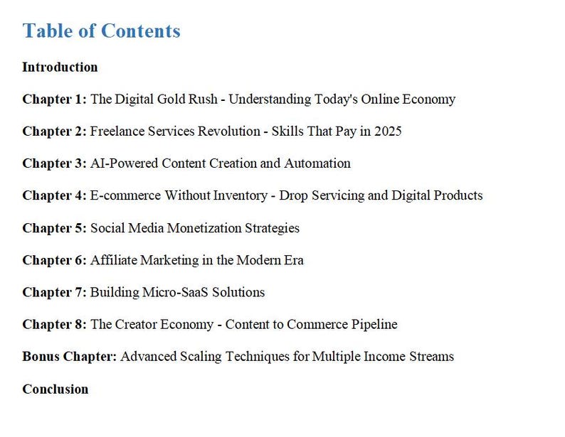 May include: A document titled "Table of Contents" with a blue header. The content lists chapters on online economy, freelance services, AI content creation, e-commerce, social media, affiliate marketing, micro-SaaS, and the creator economy.