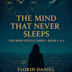 Könnte beinhalten: Buchcover für "The Mind That Never Sleeps" mit dunkelblauem Hintergrund und goldenem Text. Eine Uhrgrafik und ein Halbmond sind sichtbar. Das Buch ist Teil der "The Mind Puzzle Series" von Florin Daniel.