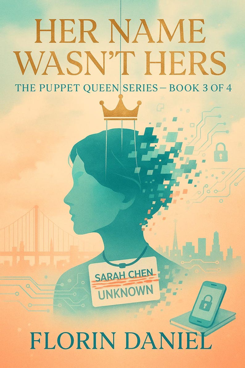 May include: Book cover for "Her Name Wasn't Hers" from The Puppet Queen series. The cover features a teal silhouette of a person with a crown, a cityscape, and the text "SARAH CHEN UNKNOWN". The author's name, Florin Daniel, is also displayed.
