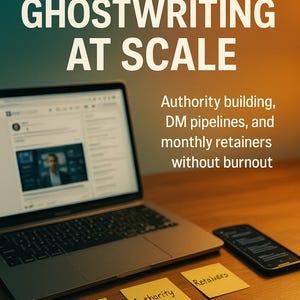 Könnte beinhalten: Ein Laptop, ein Smartphone und Haftnotizen mit den Wörtern "DM", "Authority" und "Retainers" liegen auf einer Holzoberfläche. Der Buchtitel "LINKEDIN GHOSTWRITING AT SCALE" wird über dem Laptop angezeigt, mit dem Namen des Autors "FLORIN DANIEL" unten.