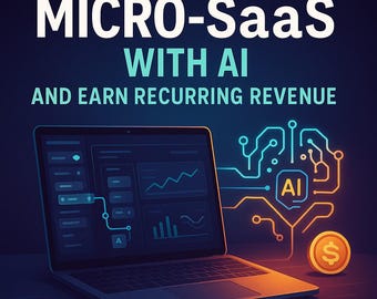 May include: Book cover with the title "HOW TO BUILD A NO-CODE MICRO-SaaS WITH AI AND EARN RECURRING REVENUE." The cover features a laptop displaying data visualizations, AI-related graphics, and a gold coin with a dollar sign. The author's name is Florin Daniel.