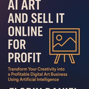 Op de afbeelding: Boekomslag met de titel "HOW TO CREATE AI ART AND SELL IT ONLINE FOR PROFIT" in witte tekst op een donkerblauwe achtergrond. De omslag bevat ook de naam van de auteur, Florin Daniel, en een afbeelding van een schilderij op een ezel.