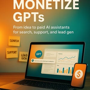 May include: A laptop displaying charts and graphs, with a smartphone showing a dollar sign. The image promotes a book titled "Build & Monetize GPTs" about AI assistants for search, support, and lead generation.