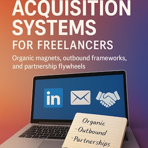 May include: Book cover titled "15 Client Acquisition Systems for Freelancers" with a laptop displaying LinkedIn and email icons. A notepad lists "Organic, Outbound, Partnerships." The author's name, Florin Daniel, is at the bottom.