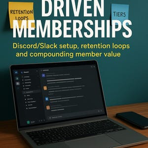 May include: A laptop displaying a dark-themed interface with the text "COMMUNITY-DRIVEN MEMBERSHIPS." The image includes sticky notes with the words "RETENTION LOOPS" and "TIERS." The author's name, FLORIN DANIEL, is at the bottom.