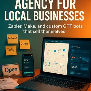 Könnte beinhalten: Bild, das KI-Automatisierungsdienste für lokale Unternehmen bewirbt. Der Text enthält "AI AUTOMATION AGENCY FOR LOCAL BUSINESSES" und "Zapier, Make, and custom GPT bots that sell themselves." Ein Laptop zeigt Daten an, und ein Smartphone zeigt eine Benachrichtigung.
