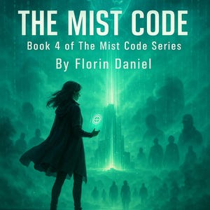 Könnte beinhalten: Buchcover für "The Mist Code", Buch 4 der The Mist Code-Reihe von Florin Daniel. Das Cover zeigt ein türkis-grünes Farbschema mit einer Silhouette, die ein leuchtendes Objekt hält. Der Titel steht in großen weißen Buchstaben.