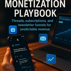 Może przedstawiać: Okładka książki "X (Twitter) Monetization Playbook" autorstwa Florina Daniela. Obraz przedstawia smartfon z zawartością Twittera, laptopa i ikony mediów społecznościowych.
