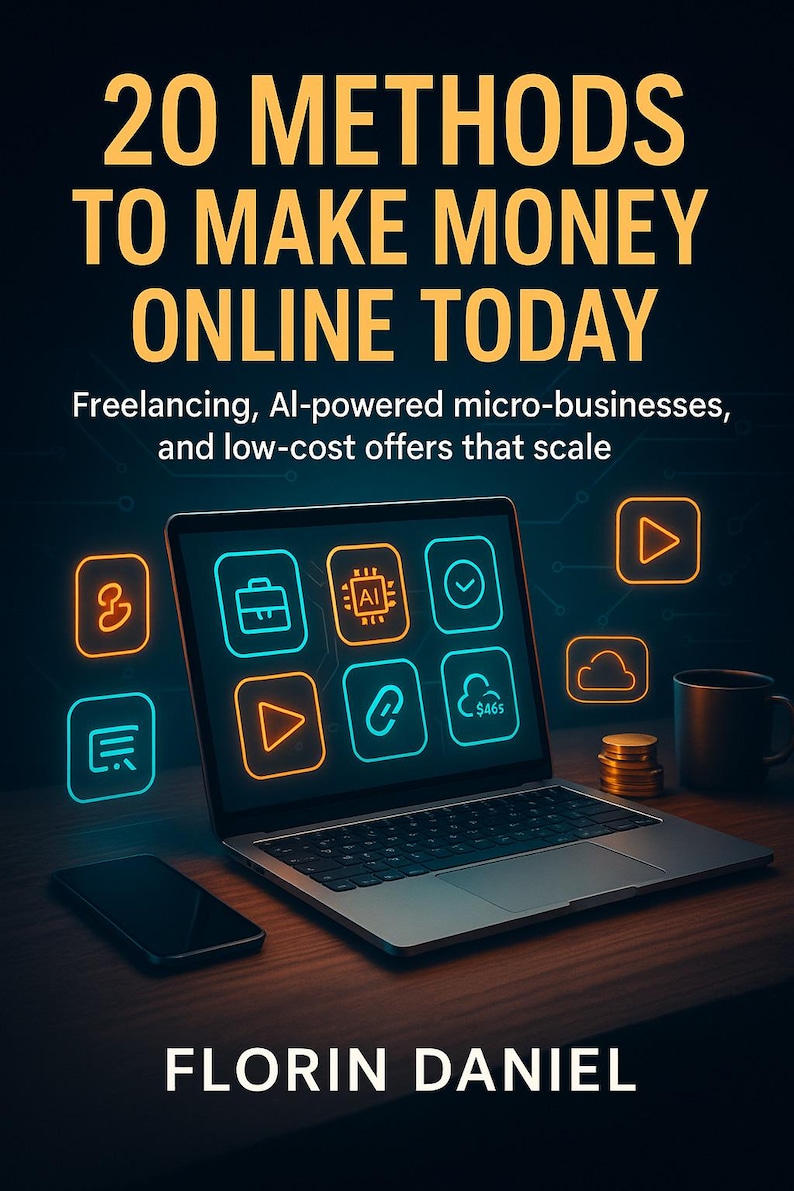May include: A book cover titled "20 Methods to Make Money Online Today" with the author's name, Florin Daniel. The cover features a laptop displaying icons, a smartphone, a mug, and coins on a wooden surface.