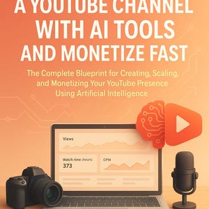 Könnte beinhalten: Buchcover mit dem Titel „HOW TO GROW A YOUTUBE CHANNEL WITH AI TOOLS AND MONETIZE FAST“. Das Bild zeigt einen Laptop, eine Kamera, ein Mikrofon und eine Gehirngrafik. Das Buch handelt von der Erstellung, Skalierung und Monetarisierung einer YouTube-Präsenz mit KI.