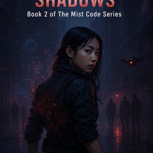 Puede incluir: Portada del libro "The Protocol Shadows", Libro 2 de la serie The Mist Code, de Florin Daniel. La imagen presenta a una mujer con una chaqueta negra, mirando por encima del hombro. El título está en letras grandes, en negrita y blancas, con un fondo oscuro y futurista.