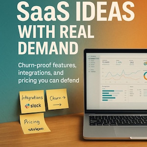 Könnte beinhalten: Ein Laptop mit einem Datenanalyse-Dashboard steht auf einem Holzschreibtisch. Das Bild ist eine Werbegrafik für ein Buch mit dem Titel "18 Micro-SaaS Ideas With Real Demand". Gelbe Haftnotizen heben "Integrations", "Churn" und "Pricing" hervor.