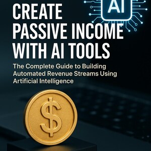 Puede incluir: Portada de libro con el título "HOW TO CREATE PASSIVE INCOME WITH AI TOOLS". Presenta una moneda de oro con un signo de dólar, una caja negra y el nombre del autor, Florin Daniel. El libro trata sobre la creación de flujos de ingresos automatizados con IA.