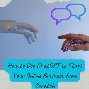 Puede incluir: Portada del libro de Florin Daniel, titulado "How to Use ChatGPT to Start Your Online Business from Scratch". La imagen muestra una mano robótica y una mano humana, con bocadillos, sobre un fondo azul.