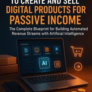 Könnte beinhalten: Ein Laptop zeigt einen Bildschirm mit Symbolen für digitale Produkte, darunter ein E-Book und einen Online-Kurs. Der Text lautet "HOW TO USE AI TO CREATE AND SELL DIGITAL PRODUCTS FOR PASSIVE INCOME" von Florin Daniel.