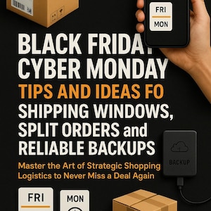 Puede incluir: Imagen que promociona consejos de compra para el Black Friday y el Cyber Monday. Presenta un teléfono inteligente que muestra el seguimiento del envío, cajas de cartón y el texto "BLACK FRIDAY CYBER MONDAY TIPS AND IDEAS FO SHIPPING WINDOWS". Incluye el nombre "FLORIN DANIEL".