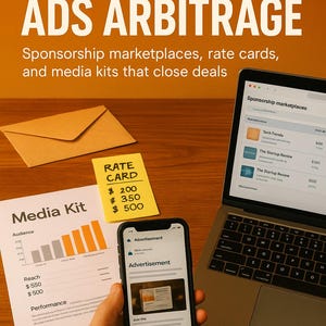 May include: Image of a laptop, smartphone, and documents related to online advertising. The title "Newsletter Ads Arbitrage" is displayed. A "Media Kit" and "Rate Card" are visible, along with the author's name, Florin Daniel.