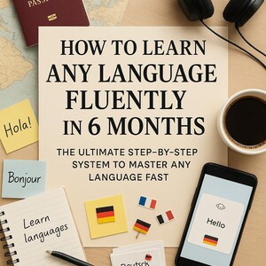 May include: A flat lay image shows a passport, headphones, and a smartphone with a language learning app. The text reads "HOW TO LEARN ANY LANGUAGE FLUENTLY IN 6 MONTHS" and the author's name, Florin Daniel, is also visible.